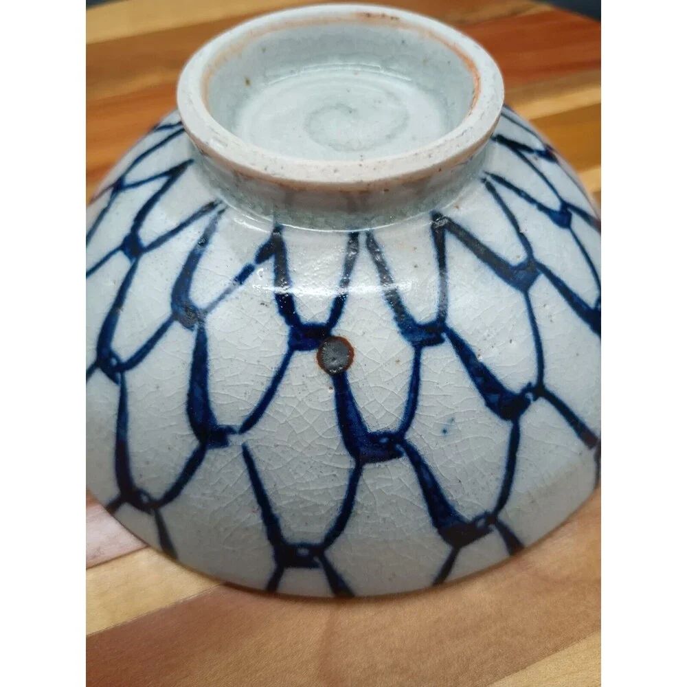 Vtg Footed Rice Bowl Blue Celedon Netted Design